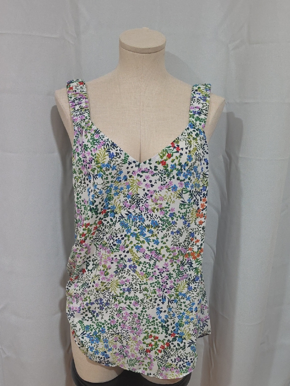CAbi White Floral V-Neck Camisole with Multi-Color Print